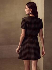 MOTF PREMIUM HOUNDSTOOTH FLORAL EMBROIDERED MINI DRESS - Rust Brown - View 2