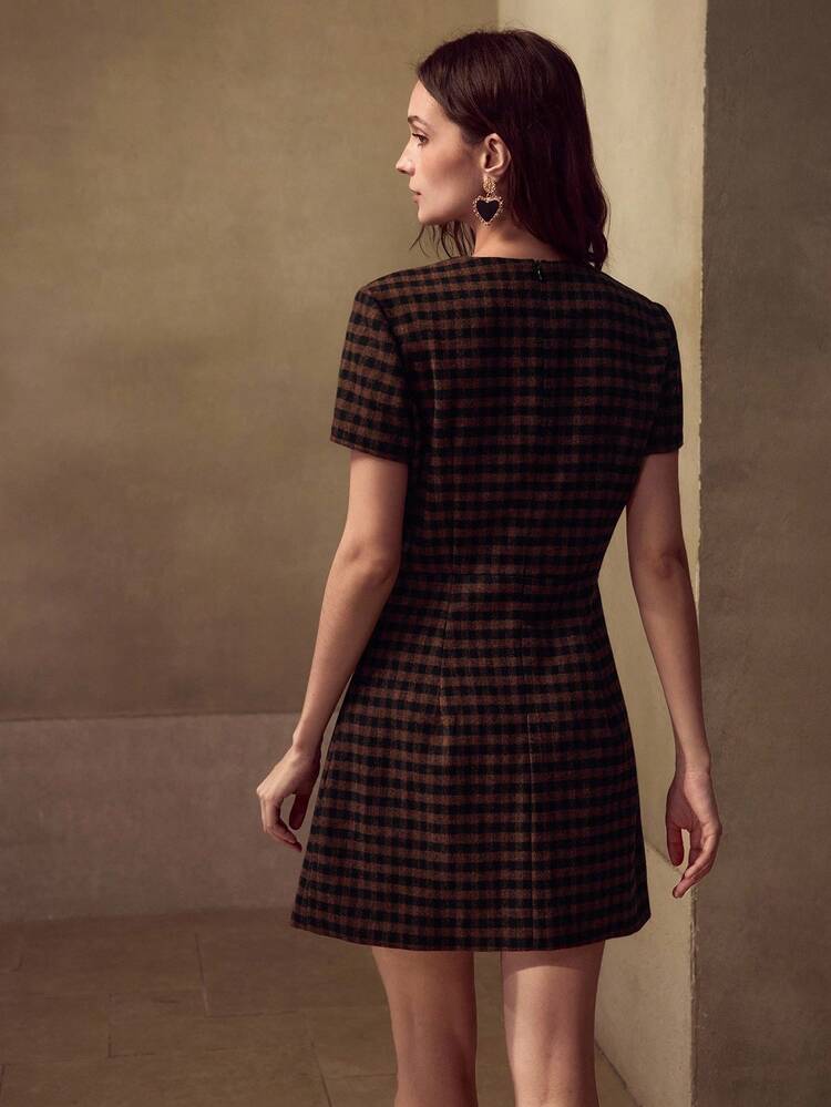 HOUNDSTOOTH FLORAL EMBROIDERED MINI DRESS