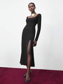 Maija Vestido maxi de línea A con cuello cuadrado, espalda abierta y cintura ceñida, hecho de tela térmica negra, cómodo y abrigado. Estilo urbano y elegante discreto, versátil y favorecedor, adecuado para uso casual en la oficina. - Negro - Ver 6