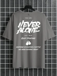 Manfinity EMRG Plus Size Men's Casual Slogan Graphic Round Neck Short Sleeve T-Shirt, Summer - Light Grey - View 5