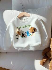 SHEIN 男婴可爱动物图案保暖圆领卫衣，舒适百搭休闲基础款套头衫，适合室内、室外、日常穿着、运动、玩耍、聚会、秋冬季节度假穿着。这款男婴动物图案卫衣长袖印花上衣是秋季男婴的理想之选。