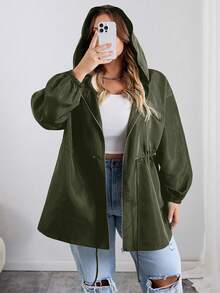 SHEIN CURVE+ Curves 大码/学校服装/返校服装/返校大码女式秋季拉链抽绳腰连帽黑色夹克大码夹克大码大码衬衫 8xl 女装大码黑色夹克，女装秋季服装，冬季，CURVE PLUS - 軍綠色 - 查看 6