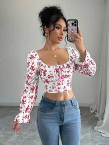 Rafferiza Women's White Ditsy Floral Flare Cuff Drawstring V-Neck Blouse - Red and White - View 5