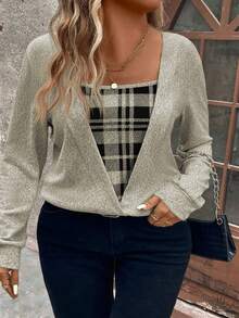 EMERY ROSE LUNE Plus Plaid Print Patchwork Black Knit Long Sleeve Sweatshirt, Soft Knit, Winter, Fall - Multicolor - View 1