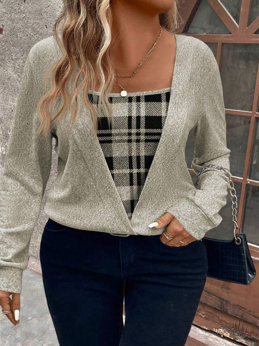 EMERY ROSE LUNE Plus Plaid Print Patchwork Black Knit Long Sleeve Sweatshirt, Soft Knit, Winter, Fall - Multicolor - View 1