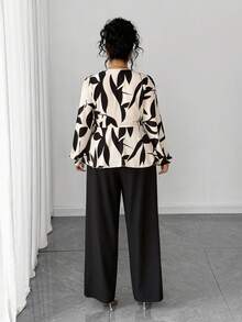 Elenzga Plus Size Women's Solid Color Leaf Print V-Neck Long Sleeve Ruffle Trim Elegant Blouse + Loose Casual Solid Color Pants 2 Pieces Set - Apricot - View 2