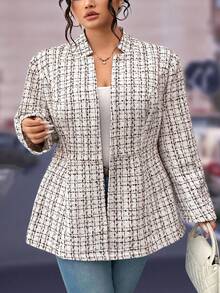 SHEIN CURVE+ 大码女式休闲粗花呢开襟羊毛衫 - 彩色 - 查看 4