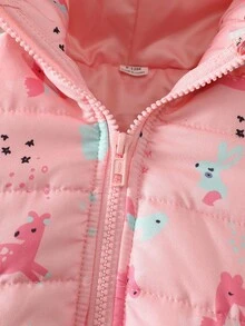 SHEIN 女婴厚连帽夹克，柔软蓬松的粉色印花冬季外套 - 彩色 - 查看 9