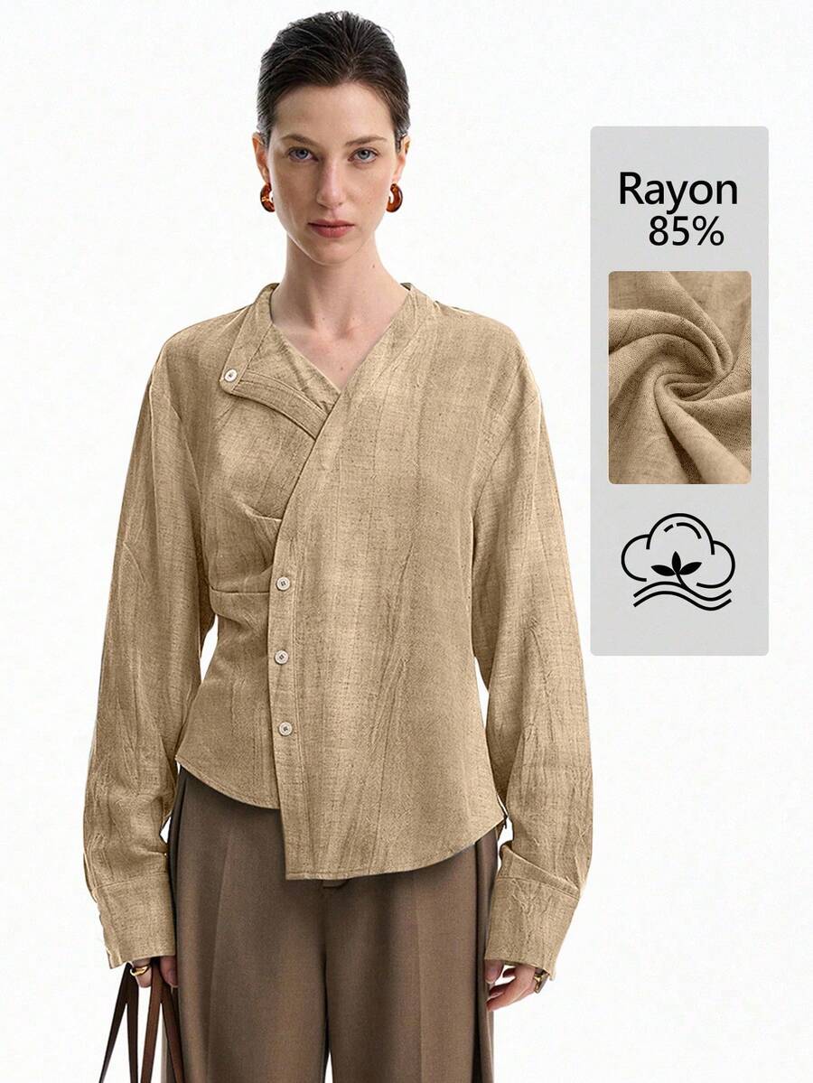 SHEIN Stylify 女士休闲分层设计长袖纹理衬衫，秋季 - 卡其色 - 查看 1