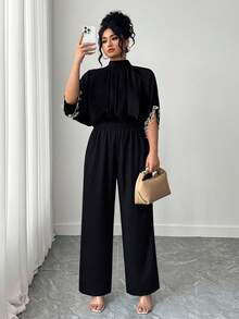 Elenzga 加大码女式优雅短袖连体裤，立领，后系带，刺绣袖口，适合休闲和派对穿着 - 黑色 - 查看 5