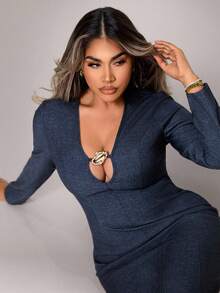 Women's Fashionable Sexy Deep V Bodycon Mid-Length Dress Fall Cloth For Women - Navy Blue - View 1