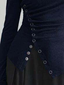 Ontre Women's Solid Color Round Neck Long Sleeve Metal Button Waist Casual Long Sleeve Elegant Commuter Autumn Women's Wear, Commuter Women's Wear, Business Casual Women's Wear, Christmas, Halloween, Christmas Party, Outing, Office Wear