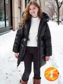 Sparklyn Teen Girl Casual Thickened Padded Coat, Fur Collar Hood, Elastic Waist, Slant Pockets, Glossy Black Fabric, Suitable For Winter Commuting, Travel, Can Be Paired With Pants, Sweatpants, Hoodies, T-Shirts, Sweaters Fall - Black - View 1