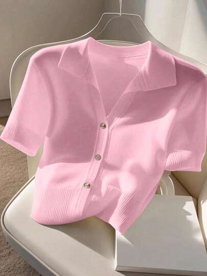 Franclia New Korean Style Casual & Commute Versatile Women's Polo Collar Knit Top, Summer