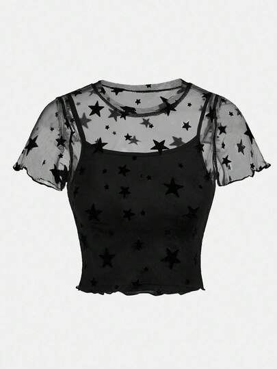 SHEIN Girlism Teen Girl Dark Street Chic Star Mesh Sheer 2 Pieces Snug Fit Top T-Shirt Star Sheer T-Shirt Teen Girl Star Top Star Cropped Tee Cropped Star Top Sheer Star Top Sheer Mesh Top Star Girl Shirt Teen Girl Tops Cute Black Top Teen Girl Star Shirt Cropped Tops Cute Star Sheer Top Cute Tops Cute Tops For Teens Teen Girls T Shirts Sheer Star Print Mesh Top,Kids