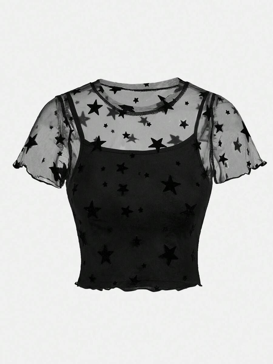 SHEIN Girlism 少女暗街时尚星星网眼透视两件套紧身上衣 - 黑色 - 查看 1