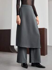 Ontre 女士时尚高腰侧拉链解构两件套裤，适合都市通勤、商务休闲、办公室穿着、教师装束、优雅穿搭 - 深灰色 - 查看 4