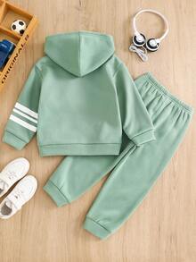 Bộ 2 áo hoodie và quần dài màu xanh navy họa tiết chữ trắng thoải mái, dễ mặc cho bé trai, thích hợp cho du lịch, đi học, hoạt động hàng ngày, trang phục thu/đông trở lại trường, áo hoodie thiết yếu, áo hoodie có khóa kéo, trang phục mùa thu, quần áo bé trai, bộ - Màu xanh Bạc hà - Xem 2