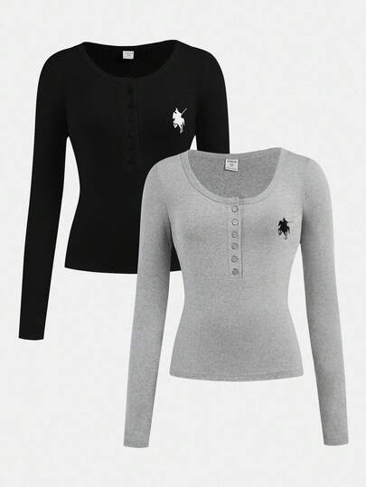 Girlism 2pcs Black & Gray Floral Print Button-Up Long Sleeve T-Shirts, Fitted Casual Tops For Teen Girls, Autumn/Winter Henley Tops Long Sleeve Tops Tight Tops Fitted Tops Fall