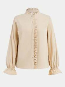 SHEIN Ruffled Collar Lantern Sleeve Casual Versatile Apricot Shirt For Teen Girls, Elegant Palace Style Apricot Shirt Fall Winter - Apricot - View 6