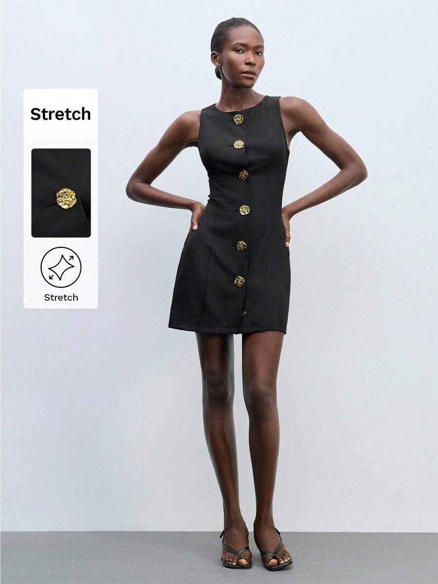 Maija 女士黑色金属花朵装饰设计夏季休闲连衣裙，无袖圆领公主剪裁侧口袋商务通勤优雅办公室女士服装，低调复古别致都市社交名媛节日派对时尚迷你连衣裙