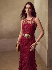 PREMIUM WOMEN'S EMBROIDERY FLORAL MESH OVERLAY STEREO FLOWER DETAIL LONG DRESS - Burgundy - View 5