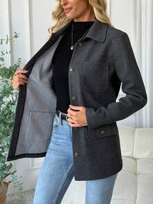 EMERY ROSE Women's Casual Loose Solid Color Long Sleeve Button Pocket Coats - Dark Grey - View 7