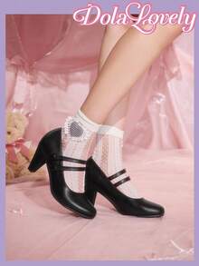 Dola Lovely 女士经典复古玛丽珍圆头双带花卉图案高跟鞋 - 黑色 - 查看 5