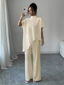 Elenzga Conjunto de 2 piezas para mujer con blusa de cuello asimétrico y pantalón largo
