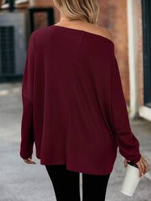 EMERY ROSE 女式宽松华夫格针织露肩蝙蝠袖T恤，绿色，秋季 - 酒紅色 - 查看 2