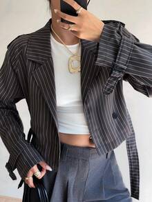 Siren Gaze Women's Gray Striped Short Windbreaker Jacket In Fall/Winter Casual