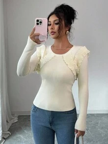 Elenzga Women's Elegant Romantic Ruffle Trim Crew Neck Sweater Fall Winter Cloth For Women - Apricot - View 6