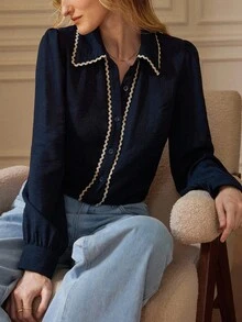 Écloséra 法式复古亚麻混纺纹理衣领和袖口撞色花卉装饰女士长袖衬衫，春秋季