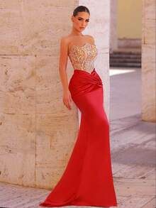 Glamrae Jupe sirène en satin stretch patchwork de sequins et perles bordeaux et champagne, convient pour les occasions formelles, les galas, les mariages, les remises de diplômes, les bals