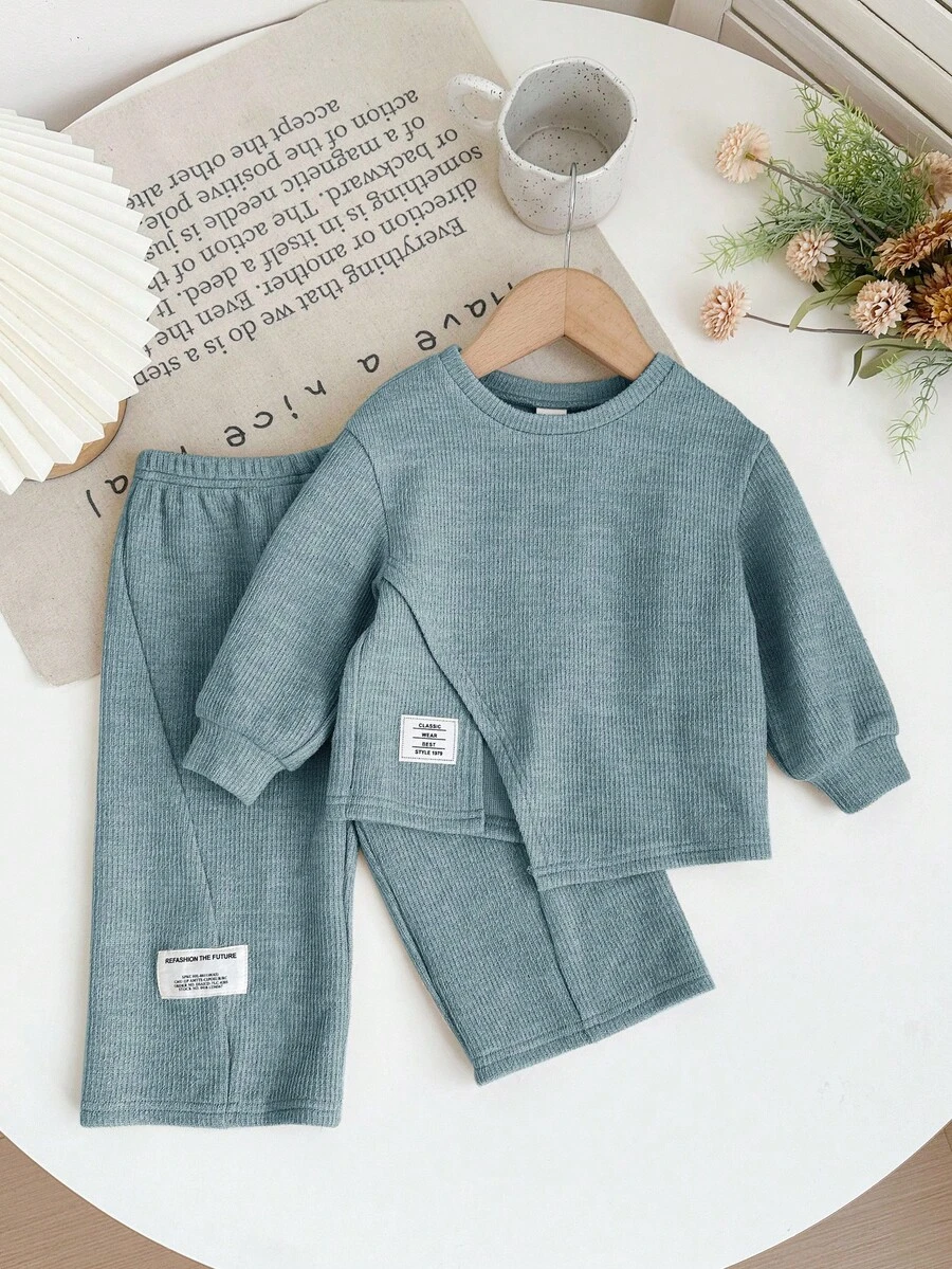 SHEIN 2pcs Baby Girl Casual Knit Blue Long Sleeve Top And Elastic Waist Pants Set, Autumn/Winter Toddler Set Baby Casual Set Baby Boy Set 2 Pc Set Baby Boy 2 Piece Toddler Set Fall