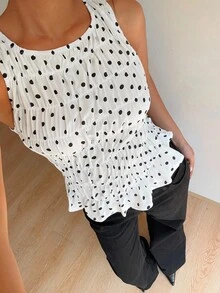 Siren Gaze 女士褶皱衬衫，波尔卡圆点吊带背心，适合所有季节，休闲日常穿着，复古，街头潮流 - 黑與白 - 查看 4