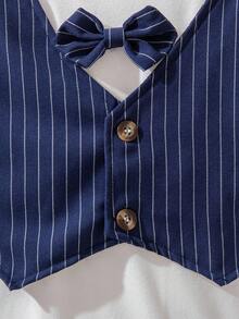 Souflis 男婴秋冬两件套套装 - 白色长袖蝴蝶结领上衣，搭配藏蓝色条纹裤，绅士套装，适合生日、派对、各种场合