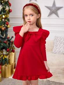 SHEIN 年轻女孩喇叭袖、羊腿袖、大领结红色圣诞礼服，适合日常穿着、休闲场合、优雅派对或生日派对，公主裙，圣诞节红色。 - 紅色 - 查看 11