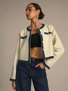 Modelyn Autumn/Winter Apricot Tweed Texture Patchwork Denim Ribbon Long Sleeve Jacket With Golden Buttons, Elegant And Fashionable Outerwear - Apricot - View 6