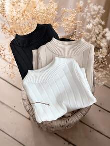 SHEIN LMoss Kids Young Girl Solid Color Knit Casual Sweater,In Fall/Winter - Multicolor - View 2