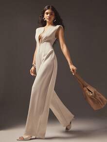 Hauture 女士性感休闲筒形前拉链无袖办公室连体裤 - 杏色 - 查看 3