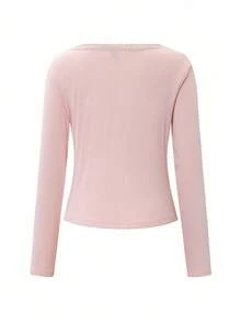 Zielony Women's Sweet Lace Trim Long Sleeve T-Shirt, Slim Fit 3-Button Casual White Tee Tops Summer Fall Cloth For Women - Pink - View 6