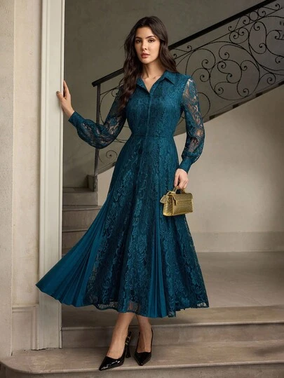 ZEYLAH Lace Patchwork Pleated Long Elegant Dress, Autumn/Winter