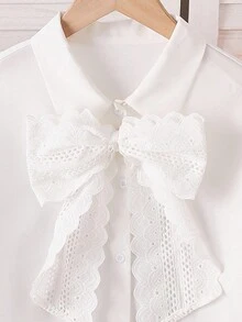 SHEIN Girls' Casual White Shirt, Commuting Leisure Solid Color Lapel Single-Breasted Ruffle Bow Button Practical Regular Blouse Fall Winter - White - View 3