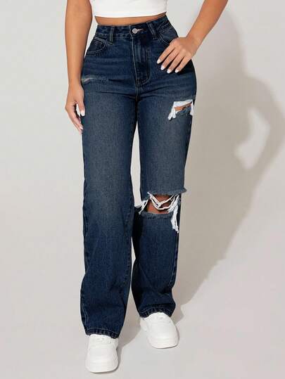 EURMUSE Blugi casual pentru femei, cu croială dreaptă, cu buzunare oblice, stil Distressed