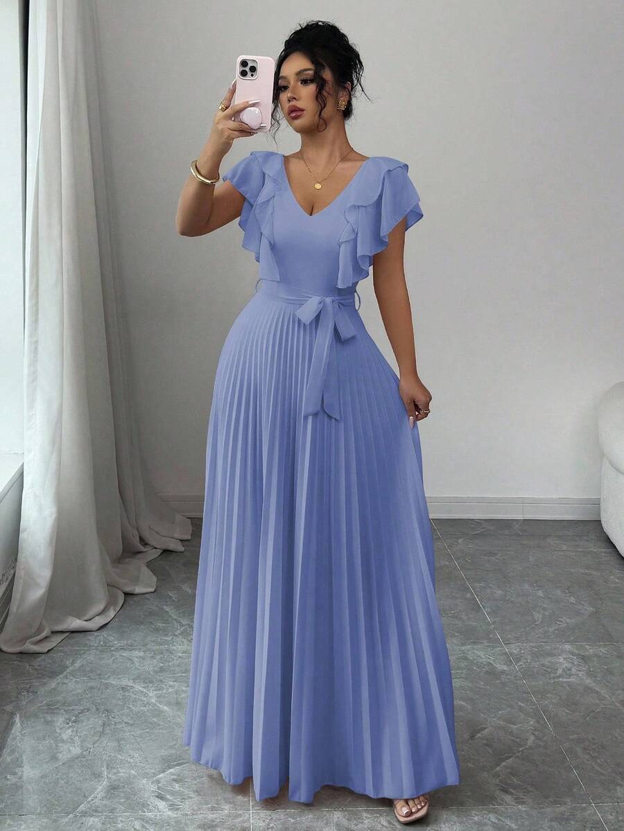 Elenzga V-Neck Ruffle Waist A-Line Elegant Romantic Dress For Women - Dusty Blue - View 1