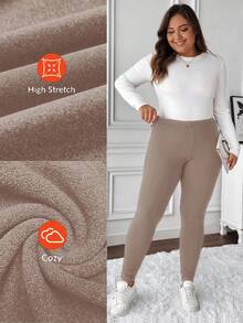 SHEIN LUNE Women's Solid Color Skin-Friendly Comfortable Slim Fit Thermal Lined Leggings, Plus Size Slim Fit Leggings Warm Leggings Short Leggings For Women Thermal Lined Leggings Cozy Leggings Cozy Bottoms For Women
