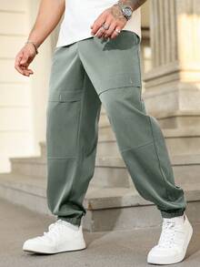 Manfinity Homme Plus Size Men's Solid Color Casual Cargo Style Jogger Pants, Fall
