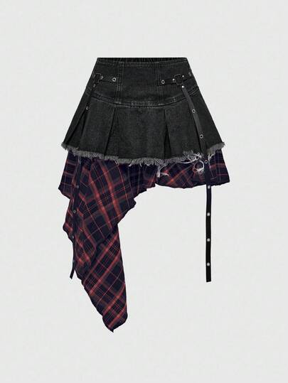 Gothic Patchwork Plaid Asymmetrical Hem Denim Mini Skirt