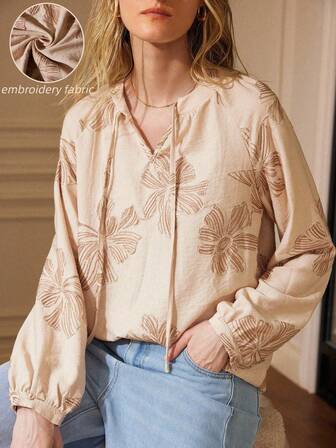 Écloséra 法式复古亚麻刺绣花卉女士舒适衬衫，春夏